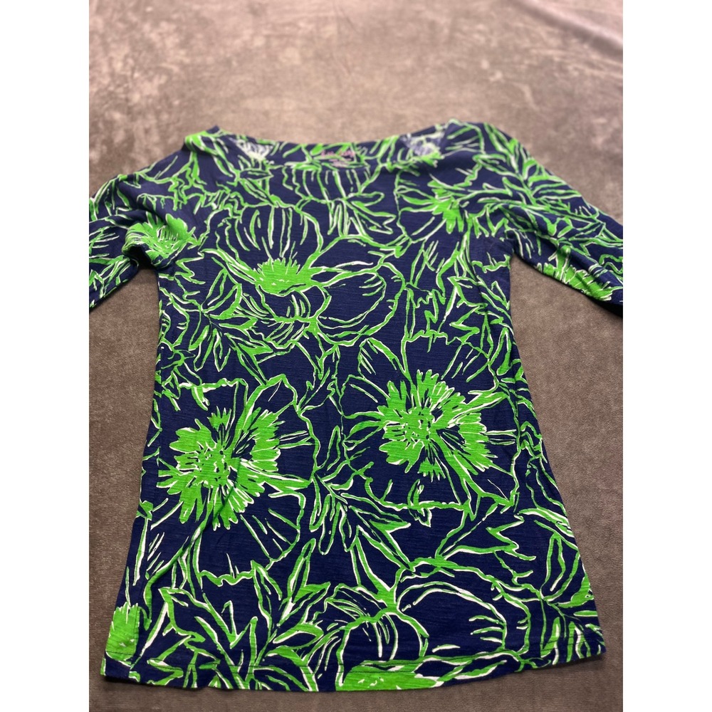 Lilly Pulitzer Navy Blue & Bright Green Floral Boatneck Top